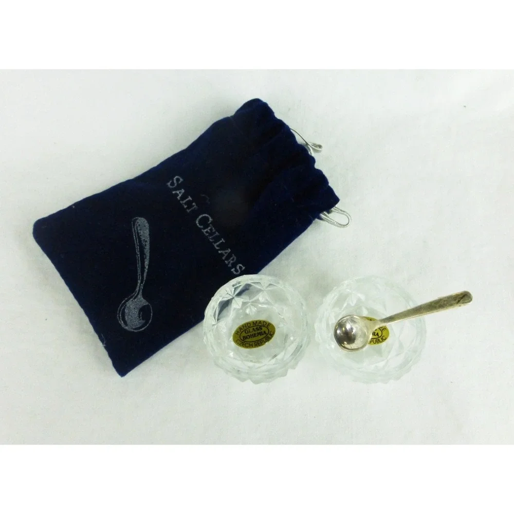 Vtg Salt Cellars w/spoons‎ handmade glass Bohemia Czech Republic set of 2
